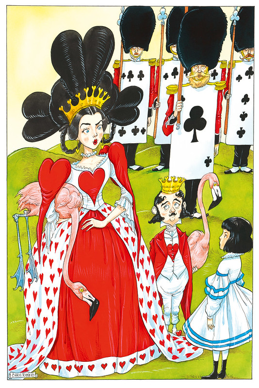 Illustration of the Queen of Hearts with Flamingo from Alice’s Adventures in Wonderland' showing a colourful depiction of the queen of hearts with her soldiers