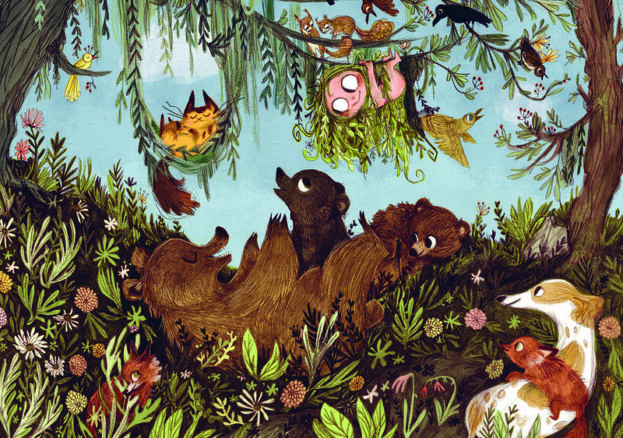 Illustration entitled ‘Because you cannot tame something so happily wild’ by Emily Hughes showing painted animals in a woodland setting