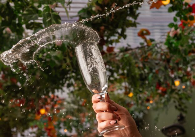 Champagne flute swirling in front of a Christmas tree.