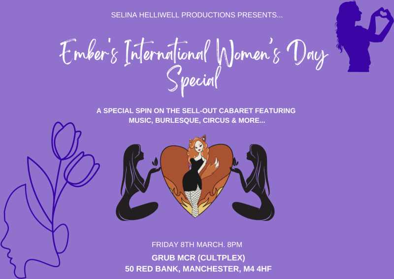 Poster for Ember's International Women's Day Special with Ember Travixen's logo in the centre (a red haired lady with fox ears and a fox tail, standing inside a flaming heart)