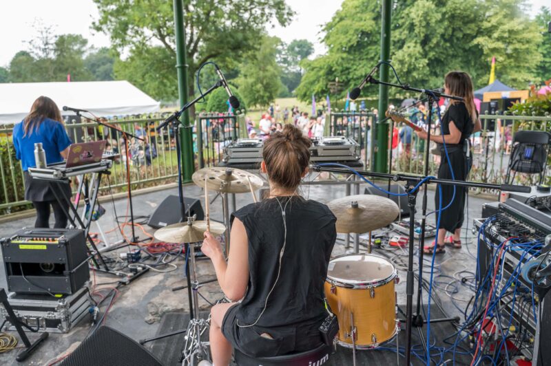 Stealing Sheep playing the bandstand at Victoria Park at Swinton Sounds 2023