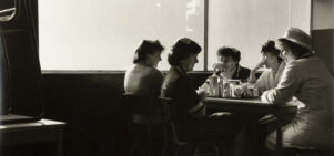 Canteen staff catching up on the day at the end of their shift, Redcar Blast furnace, Autumn 1983. 