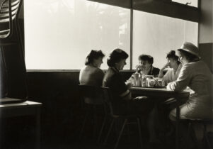 Canteen staff catching up on the day at the end of their shift, Redcar Blast furnace, Autumn 1983. 