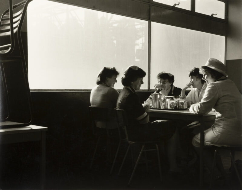 Canteen staff catching up on the day at the end of their shift, Redcar Blast furnace, Autumn 1983. 