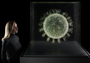 Visitor-in-Injecting-Hope-looking-at-2020-The-Sphere-that-change-the-world-by-Angela-Palmer-c-Science-Museum-Group