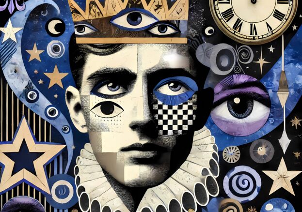 dada inspired artwork with king and eyes in blue shades