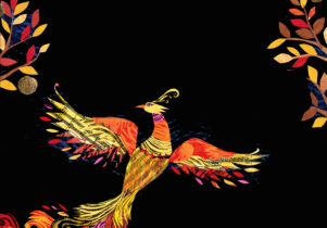 Elaborate painting of bird in orange and yellow colours on black background