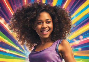 Box Of Tricks Theatre: Danesha at The Lowry: An image of a smiling mixed race woman with curly hair with a rainbow background