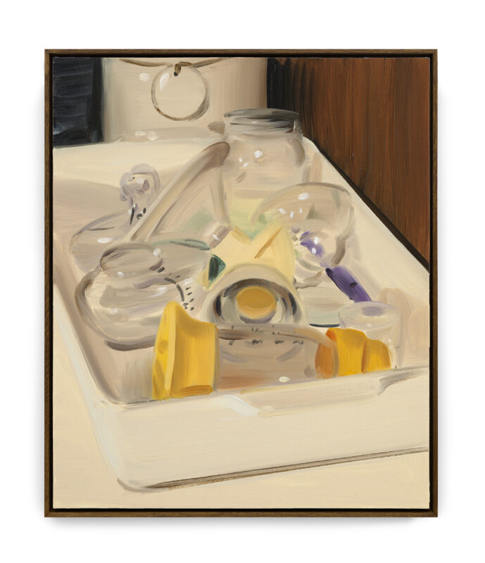 A painting of bottles and breast pumps in a white ceramic tray. 