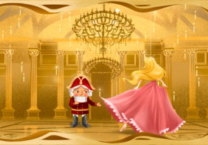 An illustration of a nutcracker and a girl in a pink dress, on a gold background