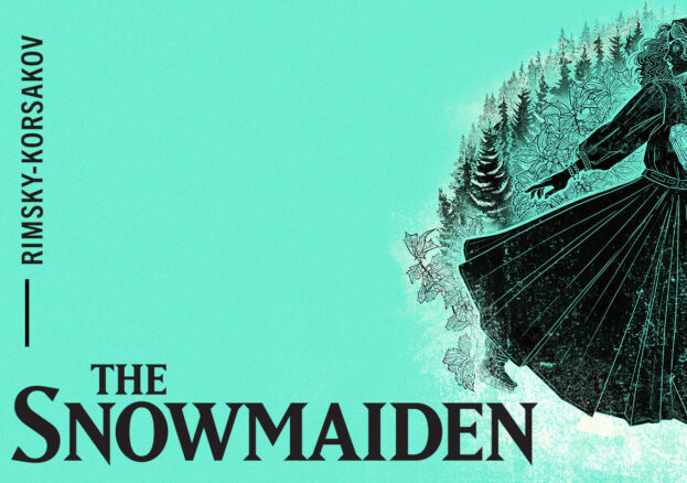 Turquoise background with black graphic image of maiden with forest backrgound behind her. Black English Touring Opera logo in top right corner and The Snowmaiden title in bottom left corner.