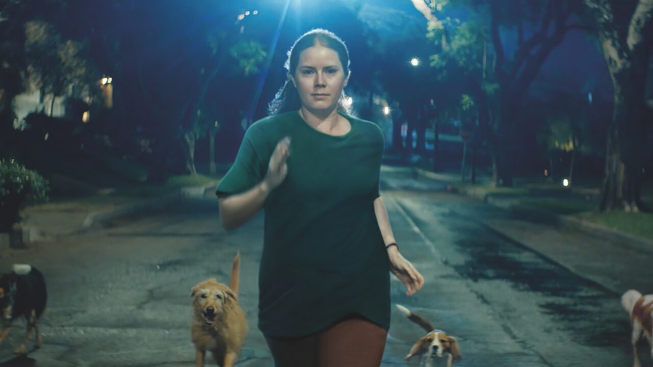 A woman runs in the dark, followed by a pack of dogs