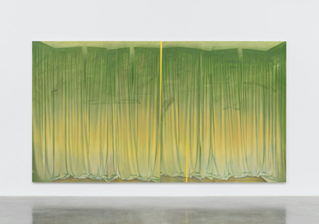 A painting of green and yellow curtains 