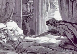 Print of female vampire about to attack sleeping woman