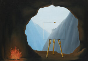 A painting of an easel positioned in a cave in front of a landscape of hills and mountains  