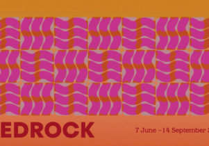 A grid of pink and cream waves laid on top of an orange gradient background. The text beneath the grid reads 'BEDROCK'  alongside the LB2025 dates