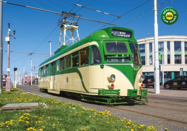 Traditional green and beige tram in blackpool