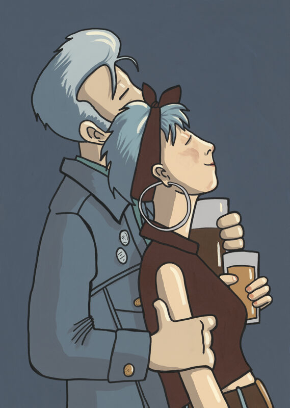 A painting of two people in late 1970s/early 1980s clothes profile looking up while holding drinks.