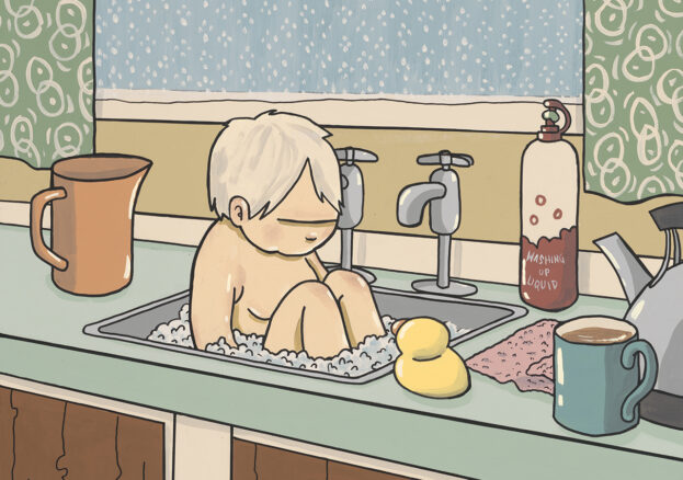 A painting of a young child being bathed in a sink of a 197s style kitchen. Around the sink are a rubber duck, a bottle of  washing up liquid, a jug, a kettle and a mug.