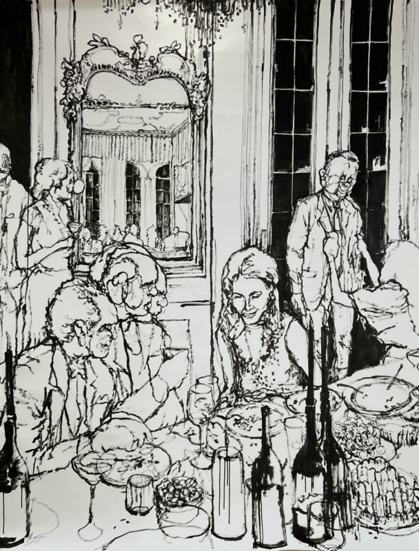 Black and white drawing of a dining room scene with several people seated around a table, eating and talking. A large mirror reflects more figures.