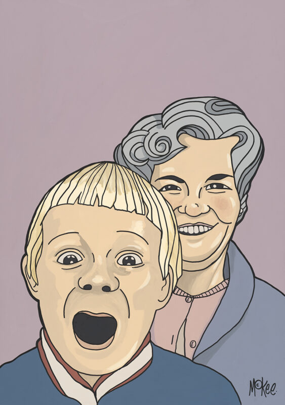 A painting of a young boy with blond hair looking forward a pulling a funny face. Behind him is a smiling woman with gray heir. 