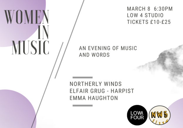 Poster of Women in Music: a evening of music and words. Poster includes purple circles in the NW, SW and SE corners, angular grey diagonal lines 