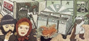 Section of Tapestry depicting a couple eating fish and chips