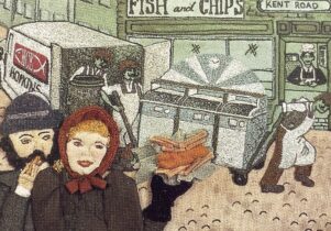 Section of Tapestry depicting a couple eating fish and chips