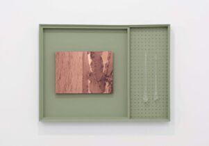 There is Nothing Old under the Sun, Plywood, hand-blown glass, printed copper, emulsion, 69.5 x 51 x 5 cm. A green frame with a printed copper rectangle in the centre. 